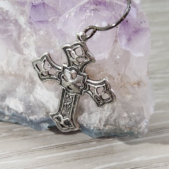 Fashion Jewlery Silvertone Gothic Cross Drop Dangle French Wire Earings - Picture 6 of 9